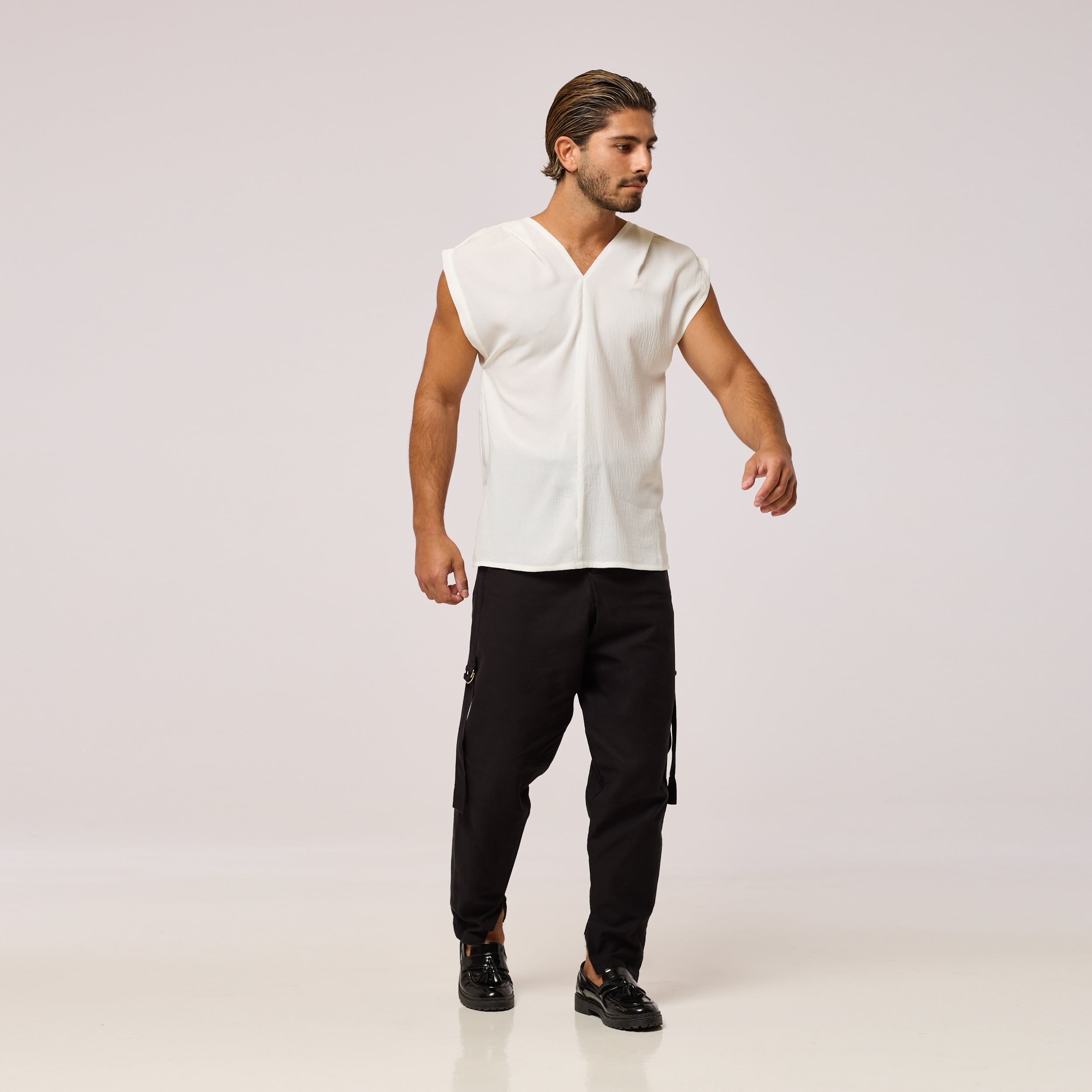   ZERØ London - Front Full Length View, White mens zero waste vest designed & made in London