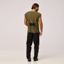 Load image into Gallery viewer,   ZERØ London - Back view, olive green mens zero waste vest designed &amp; made in London

