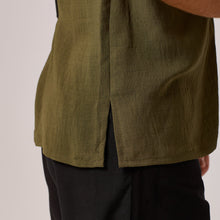 Load image into Gallery viewer,   ZERØ London - Close up view, olive green mens zero waste vest designed &amp; made in London
