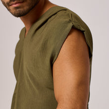 Load image into Gallery viewer,   ZERØ London - Close up view, olive green mens zero waste vest designed &amp; made in London
