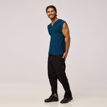 Load image into Gallery viewer,   ZERØ London - Front view, teal blue mens zero waste vest designed &amp; made in London
