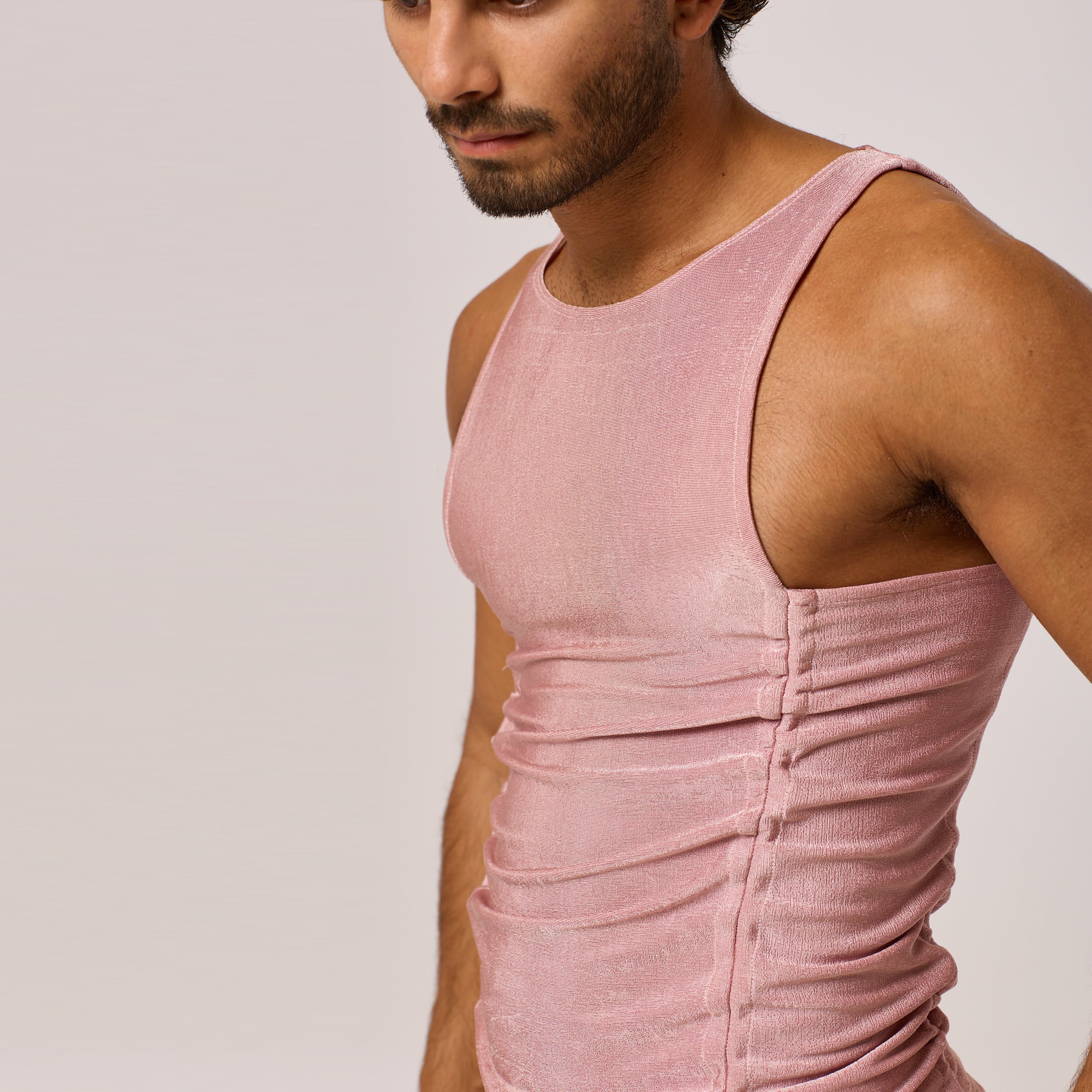 ZERØ London - Close up view, Pink zero waste mens vest, zero waste fashion, designed & made in London