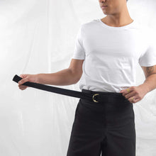 Load image into Gallery viewer, ZERØ London - Mens zero waste belt accessory in black with gold D-rings and black trouser designed &amp; made in London
