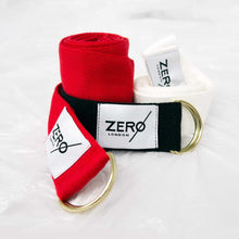 Load image into Gallery viewer, ZERØ London - Mens zero waste belt accessory in black, white and red with gold D-rings designed &amp; made in London
