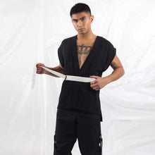 Load image into Gallery viewer, ZERØ London - Mens zero waste belt accessory in white with gold D-rings and black kimono vest designed &amp; made in London
