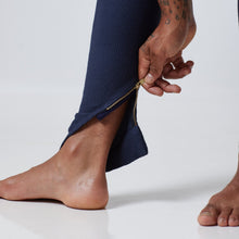 Load image into Gallery viewer, ZERØ London - Detail view, mens luxury cotton tapered navy trouser, zero waste fashion, designed &amp; made in London
