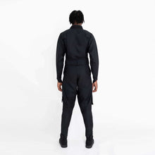 Load image into Gallery viewer, ZERØ London - Back full length view, mens zero waste jumpsuit in black with black contrast stripe and D-rings, designed &amp; made in London
