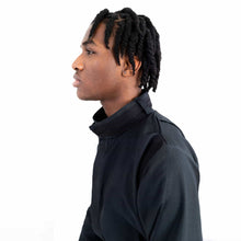 Load image into Gallery viewer, ZERØ London - Close up, mens zero waste jumpsuit in black with black contrast stripe and D-rings, designed &amp; made in London
