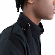 Load image into Gallery viewer, ZERØ London - Alt. close up, mens zero waste jumpsuit in black with black contrast stripe and D-rings, designed &amp; made in London
