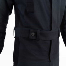 Load image into Gallery viewer, ZERØ London - Alt. close up, mens zero waste jumpsuit in black with black contrast stripe and D-rings, designed &amp; made in London
