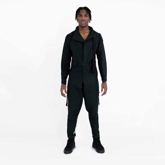 ZERØ London - Front full length view, mens zero waste jumpsuit in black with black contrast stripe and D-rings, designed & made in London
