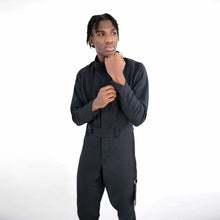Load image into Gallery viewer, ZERØ London - Front view, mens zero waste jumpsuit in black with black contrast stripe and D-rings, designed &amp; made in London
