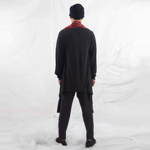 Load image into Gallery viewer, ZERØ London - Back full length view, mens zero waste long sleeve jersey cardigan in black with red geometric print and mens black trousers designed &amp; made in London
