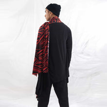 Load image into Gallery viewer, ZERØ London - Back view, mens zero waste long sleeve jersey cardigan in black with red geometric print and mens black trousers designed &amp; made in London
