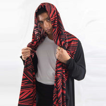 Load image into Gallery viewer, ZERØ London - Close up, mens zero waste long sleeve jersey cardigan in black with red geometric print and mens black trousers designed &amp; made in London
