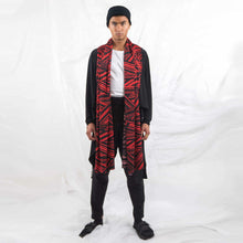 Load image into Gallery viewer, ZERØ London - Front full length view, mens zero waste long sleeve jersey cardigan in black with red geometric print and mens black trousers designed &amp; made in London
