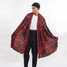 Load image into Gallery viewer, ZERØ London - Front alt. view, mens zero waste long sleeve jersey cardigan in black with red geometric print and mens black trousers designed &amp; made in London
