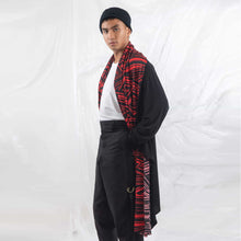 Load image into Gallery viewer, ZERØ London - Side alt. view, mens zero waste long sleeve jersey cardigan in black with red geometric print and mens black trousers designed &amp; made in London
