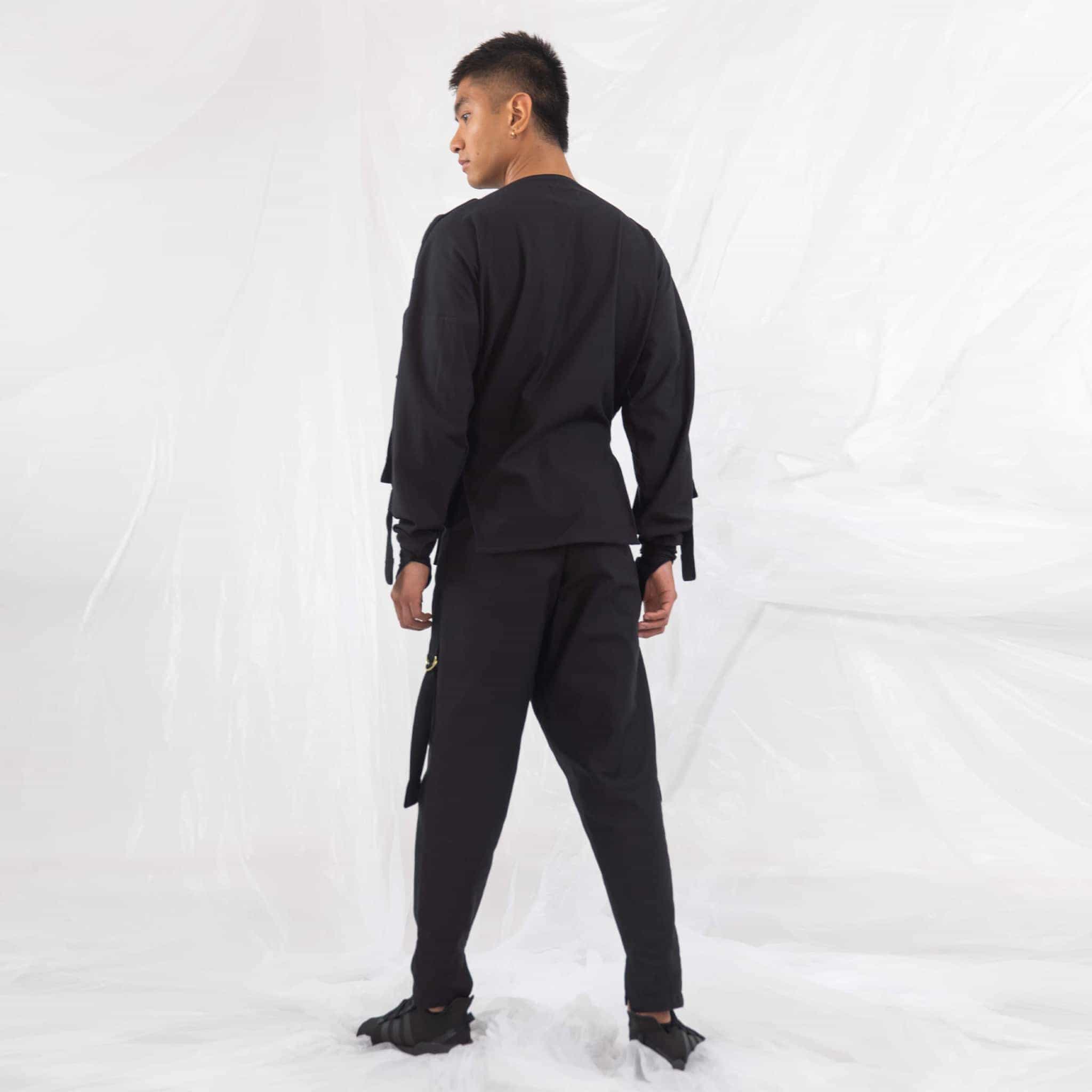 ZERØ London - Back full length view, mens zero waste long sleeve jersey jumper in black with contrast black straps designed & made in London