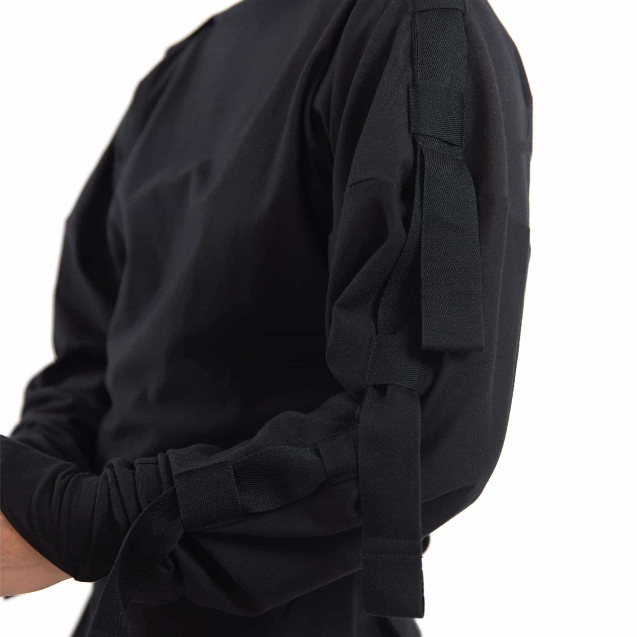ZERØ London - Close up, mens zero waste long sleeve jersey jumper in black with contrast black straps designed & made in London
