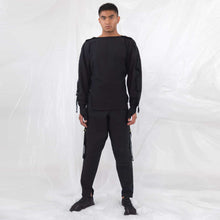 Load image into Gallery viewer, ZERØ London - Front full length view, mens zero waste long sleeve jersey jumper in black with contrast black straps designed &amp; made in London
