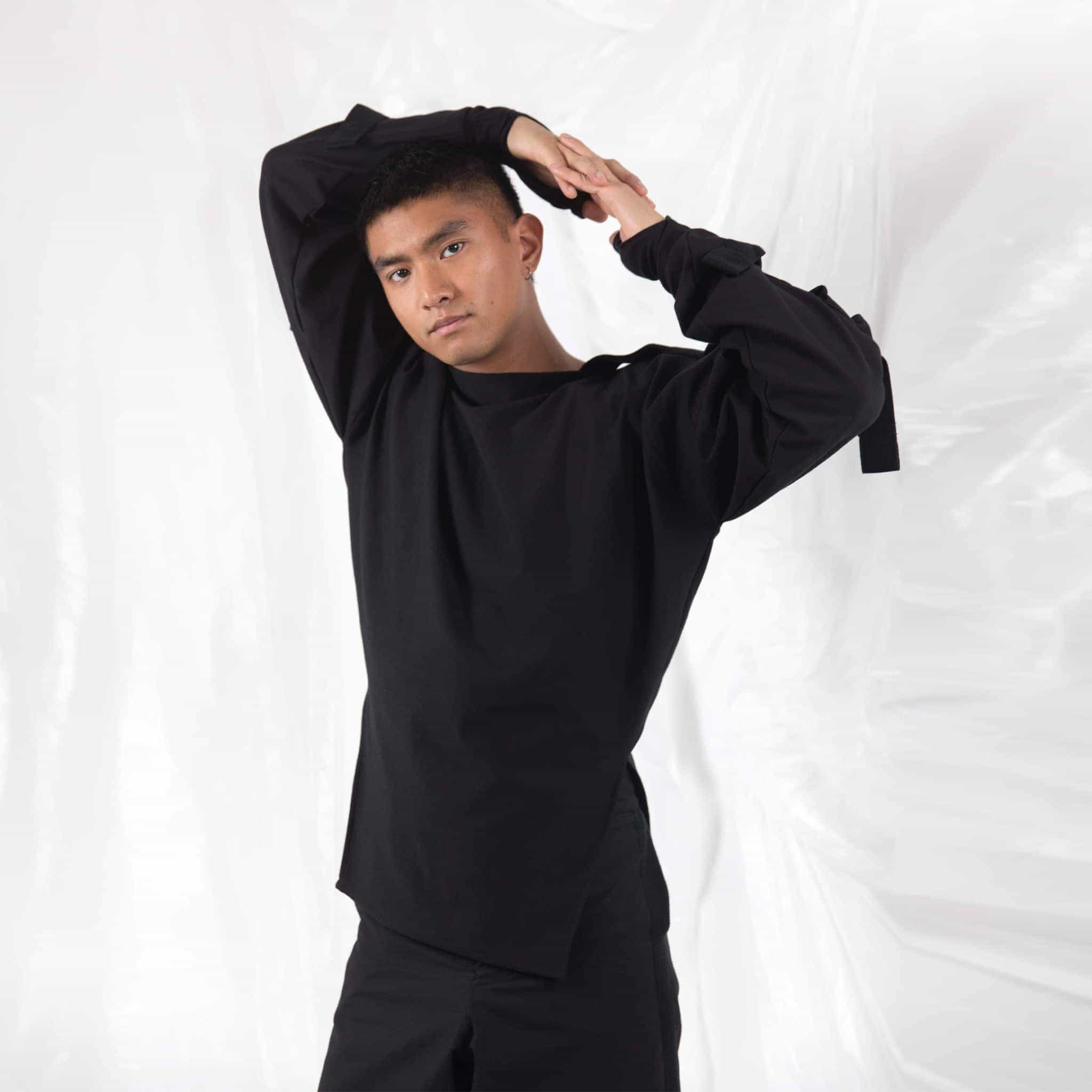 ZERØ London - Front alt. view, mens zero waste long sleeve jersey jumper in black with contrast black straps designed & made in London