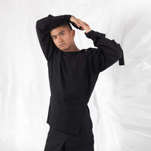 Load image into Gallery viewer, ZERØ London - Front alt. view, mens zero waste long sleeve jersey jumper in black with contrast black straps designed &amp; made in London
