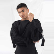 Load image into Gallery viewer, ZERØ London - Front alt. view, mens zero waste long sleeve jersey jumper in black with contrast black straps designed &amp; made in London

