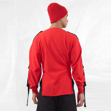 Load image into Gallery viewer, ZERØ London - Back view, mens zero waste long sleeve jersey jumper in red with contrast black straps designed &amp; made in London
