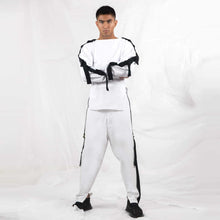 Load image into Gallery viewer, ZERØ London - Front full length view, mens zero waste long sleeve jersey jumper in white with contrast black straps designed &amp; made in London
