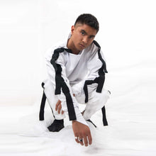 Load image into Gallery viewer, ZERØ London - Front view, mens zero waste long sleeve jersey jumper in white with contrast black straps designed &amp; made in London
