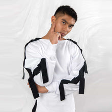 Load image into Gallery viewer, ZERØ London - Front alt. view, mens zero waste long sleeve jersey jumper in white with contrast black straps designed &amp; made in London
