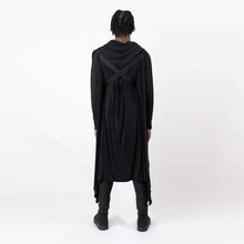 Load image into Gallery viewer,   ZERØ London - Back full length view, black long sleeved zero waste cardigan robe with harness and black trousers designed &amp; made in London
