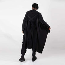 Load image into Gallery viewer,   ZERØ London - Back alt. full length view, black long sleeved zero waste cardigan robe with harness and black trousers designed &amp; made in London

