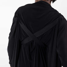 Load image into Gallery viewer,   ZERØ London - Back view, black long sleeved zero waste cardigan robe with harness and black trousers designed &amp; made in London
