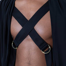 Load image into Gallery viewer,   ZERØ London - Close up, black long sleeved zero waste cardigan robe with harness and black trousers designed &amp; made in London
