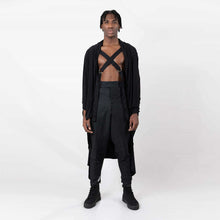 Load image into Gallery viewer,   ZERØ London - Front full length view, black long sleeved zero waste cardigan robe with harness and black trousers designed &amp; made in London
