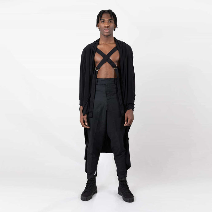   ZERØ London - Front full length view, black long sleeved zero waste cardigan robe with harness and black trousers designed & made in London