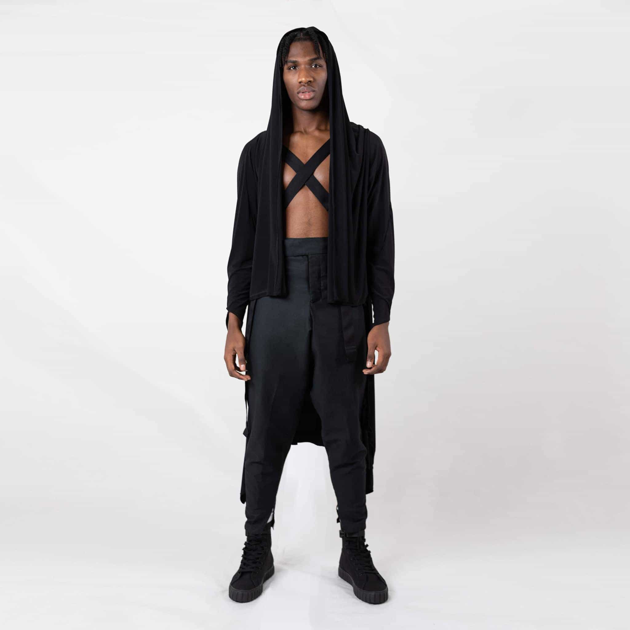   ZERØ London - Front alt. full length view, black long sleeved zero waste cardigan robe with harness and black trousers designed & made in London