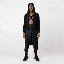 Load image into Gallery viewer,   ZERØ London - Front alt. full length view, black long sleeved zero waste cardigan robe with harness and black trousers designed &amp; made in London
