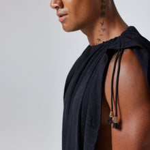 Load image into Gallery viewer, ZERØ London - Detail view, Black zero waste mens sustainable linen Robe, zero waste fashion, designed &amp; made in London
