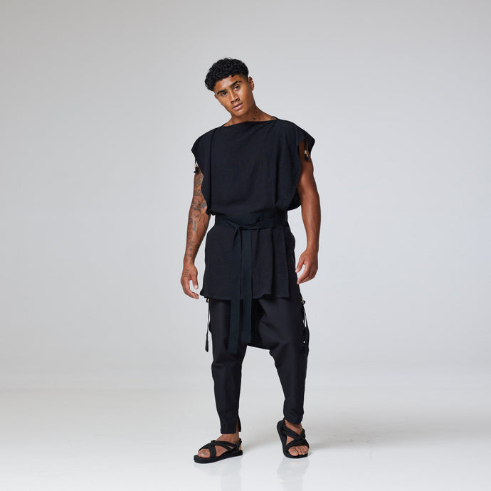 ZERØ London - Front view, Black zero waste mens sustainable linen Robe, zero waste fashion, designed & made in London