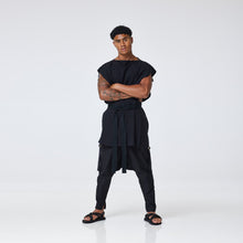 Load image into Gallery viewer, ZERØ London - Alt. Front view, Black zero waste mens sustainable linen Tie Robe, zero waste fashion, designed &amp; made in London
