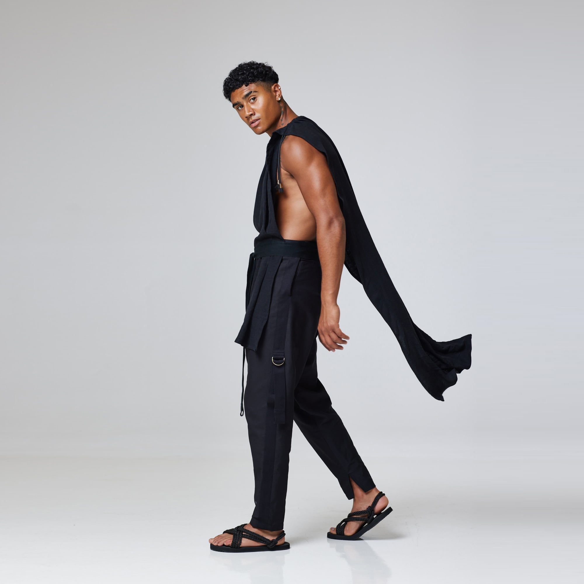 ZERØ London - Front view, Black zero waste mens sustainable linen cape, zero waste fashion, designed & made in London
