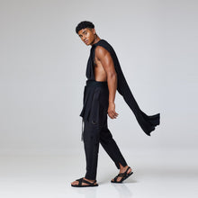Load image into Gallery viewer, ZERØ London - Front view, Black zero waste mens sustainable linen cape, zero waste fashion, designed &amp; made in London
