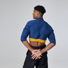 Load image into Gallery viewer, ZERØ London - Back mid length view, mens luxury cropped jersey jumper in navy, zero waste fashion, designed &amp; made in London
