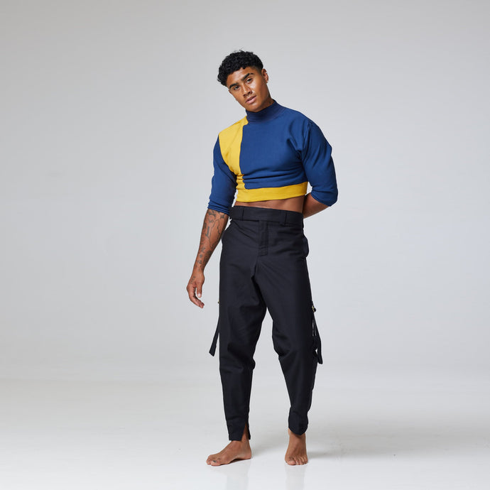 ZERØ London - Front view, mens luxury cropped jersey jumper in navy, zero waste fashion, designed & made in London