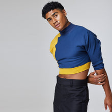 Load image into Gallery viewer, ZERØ London - Side view, mens luxury cropped jersey jumper in navy, zero waste fashion, designed &amp; made in London
