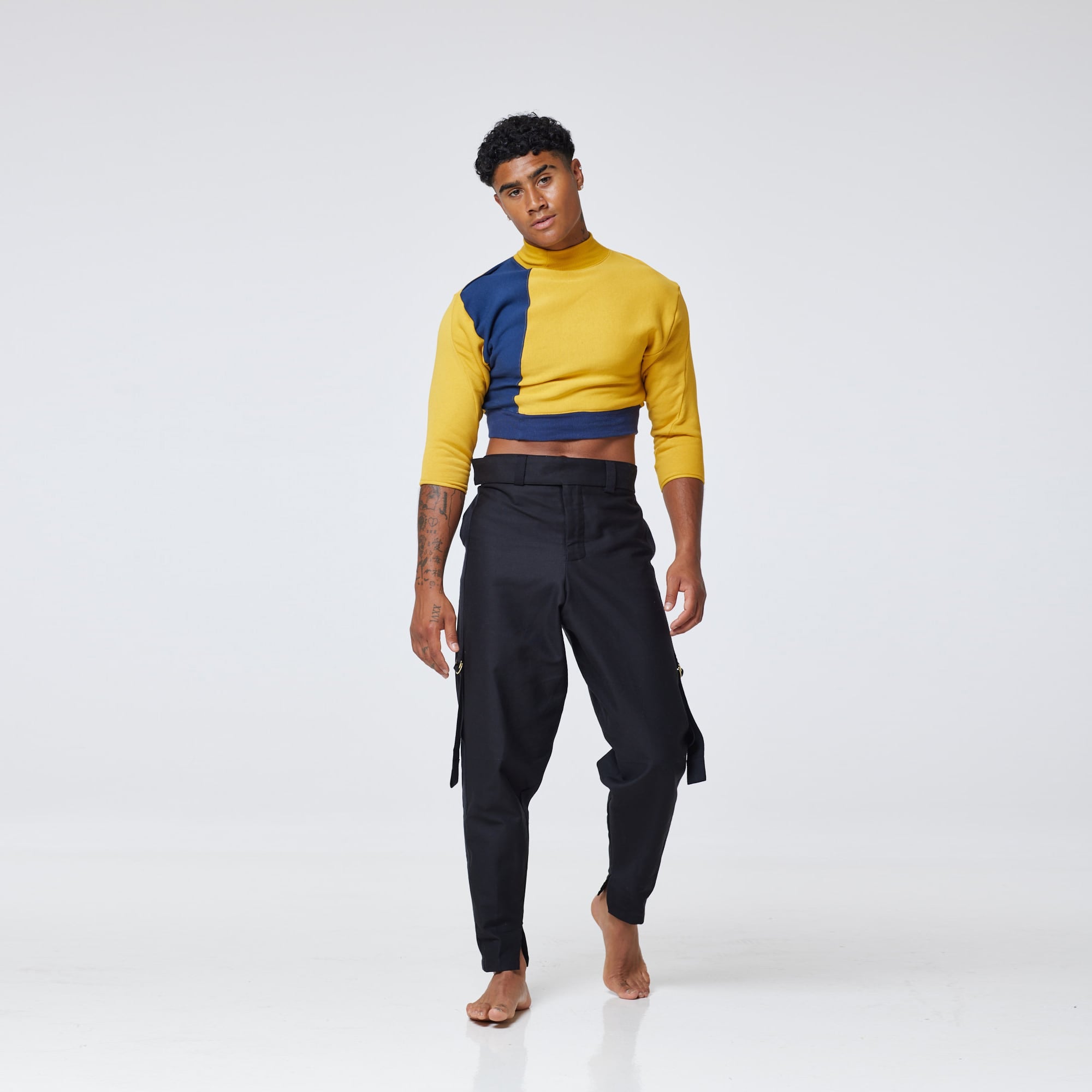 ZERØ London - Front view, mens luxury cropped jersey jumper in mustard, zero waste fashion, designed & made in London