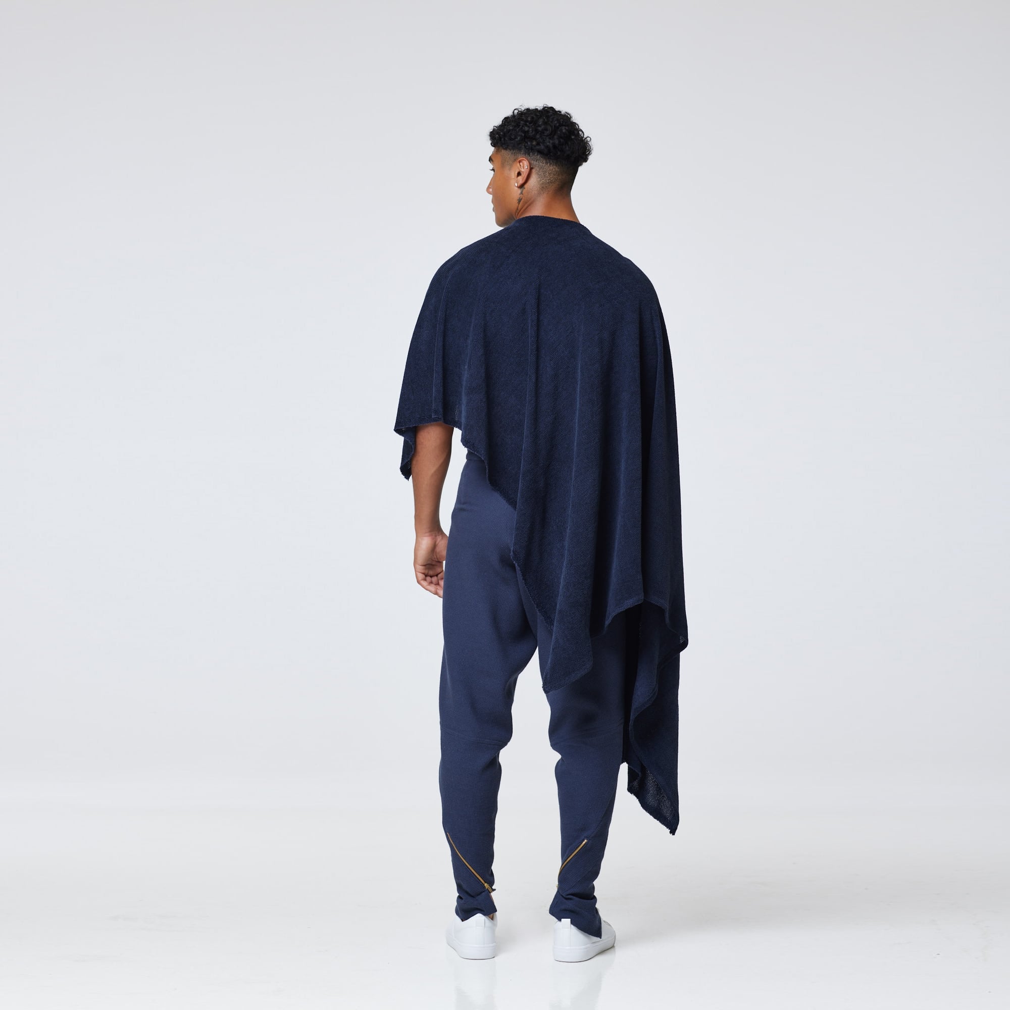 ZERØ London - Back view, Navy zero waste mens cloak, zero waste fashion, designed & made in London